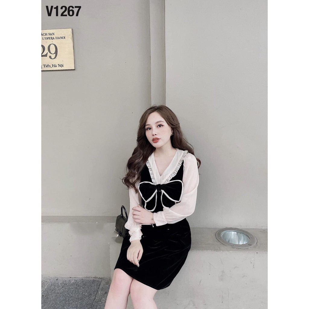 Đầm nơ baby cổ V dài tay