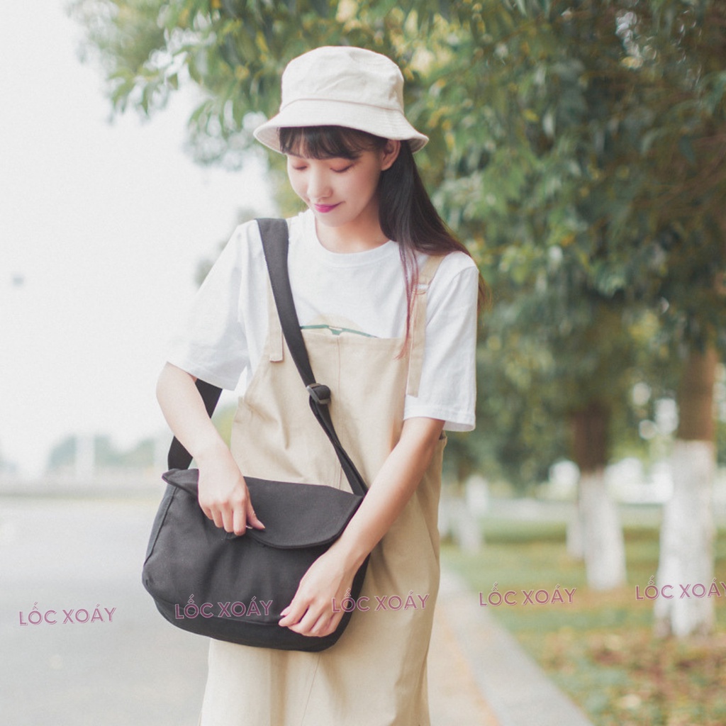 Túi Vải Đeo Chéo Unisex Chất Canvas Cao Cấp Có Khóa Bấm Và Ngăn Nhỏ Bên Trong Thời Trang Ulzzang Hàn Quốc