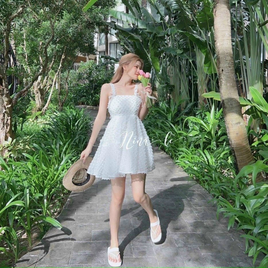 Đầm xòe hai dây nơ lưng có mút xinh xắn