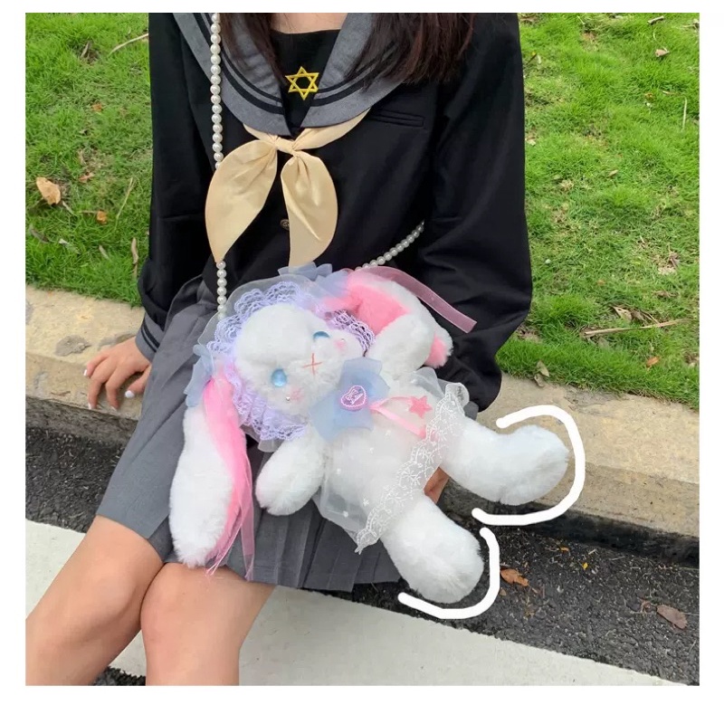 YASAS0107-Túi xách lolita thỏ bông gắn nơ dây hạt