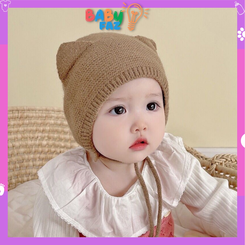 Mũ len tai mèo cho bé có dây buộc giữ ấm cho bé 3 -24 tháng