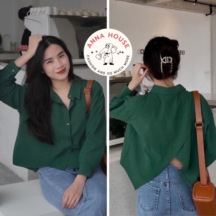 Áo sơ mi nữ cổ đức dài tay màu trắng, xanh xẻ vạt sau lưng dáng ngắn, Áo sơ mi nữ tay dài xẻ vạt sau xanh lá hot hit