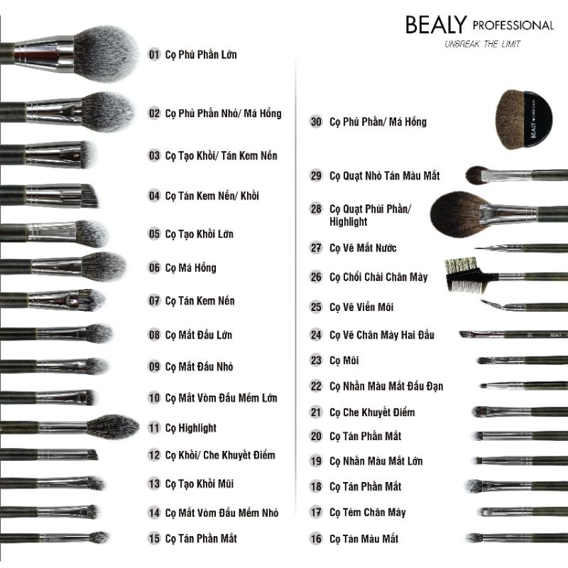 Bộ cọ trang điểm chuyên nghiệp Bealy 30 cây cao cấp lông mềm mịn bám phấn chuyên dụng cho makeup