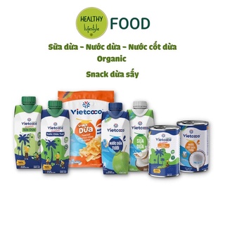 Sữa dừa hữu cơ hộp 330ml/ nước cốt dừa hữu cơ lon 400ml/ nước dừa hộp 330ml/ snack dừa khô sấy giòn gói 45g Vietcoco