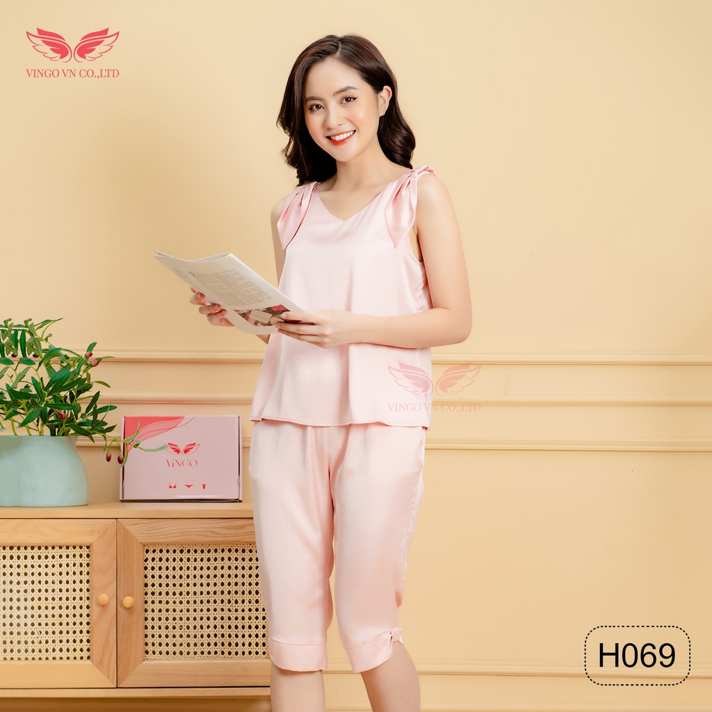 VINGO Bộ Ngủ Nữ Pyjama Lụa Ba Lỗ Quần Lửng Tay Áo Phối Nơ Thỏ/ Cánh Tiên Dễ Thương H069 VNGO | BigBuy360 - bigbuy360.vn