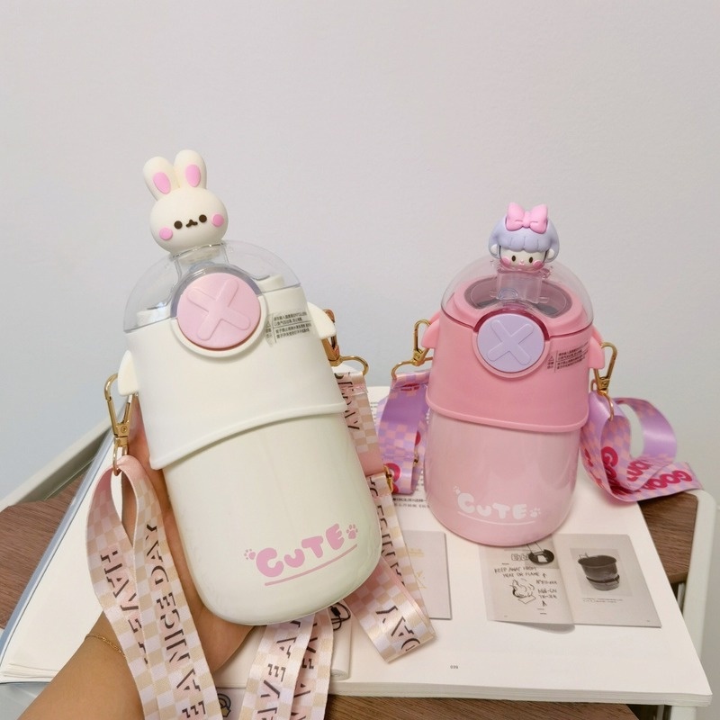 Bình nước giữ nhiệt bằng thép không gỉ 316 kèm ống hút họa tiết hoạt hình dễ thương cho bé 480ml