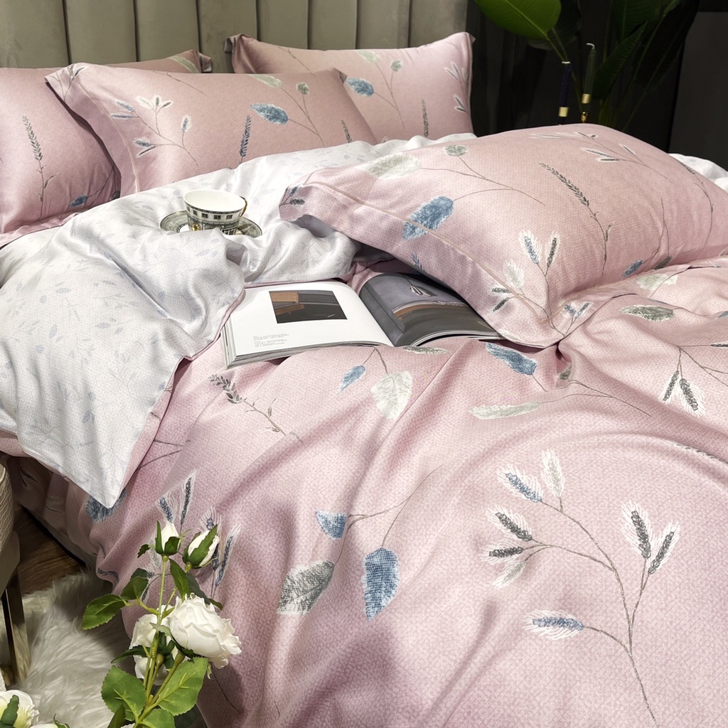 Bộ chăn ga gối 5 món cao cấp 100% Tencel 60s Họa tiết Cây bông lau in kỹ thuật số,chất liệu mềm mát