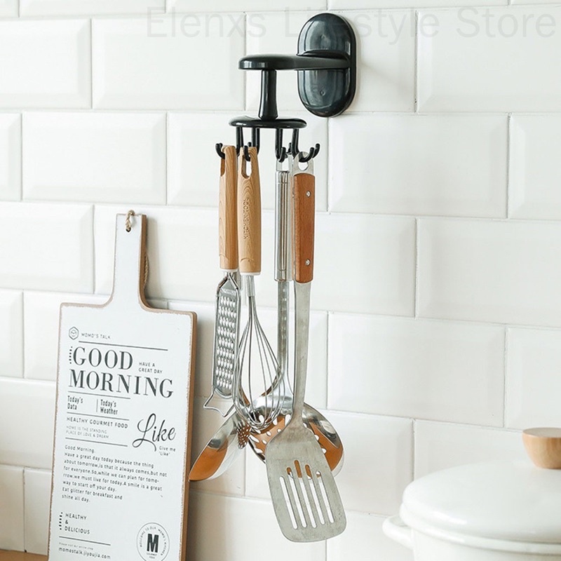 Móc treo đồ dùng nhà bếp, nhà tắm đa năng dán tường gồm 8 MÓC xoay 360 độ LOẠI DÀY XỊN- Móc dán tường nhà bếp 8 móc xoay