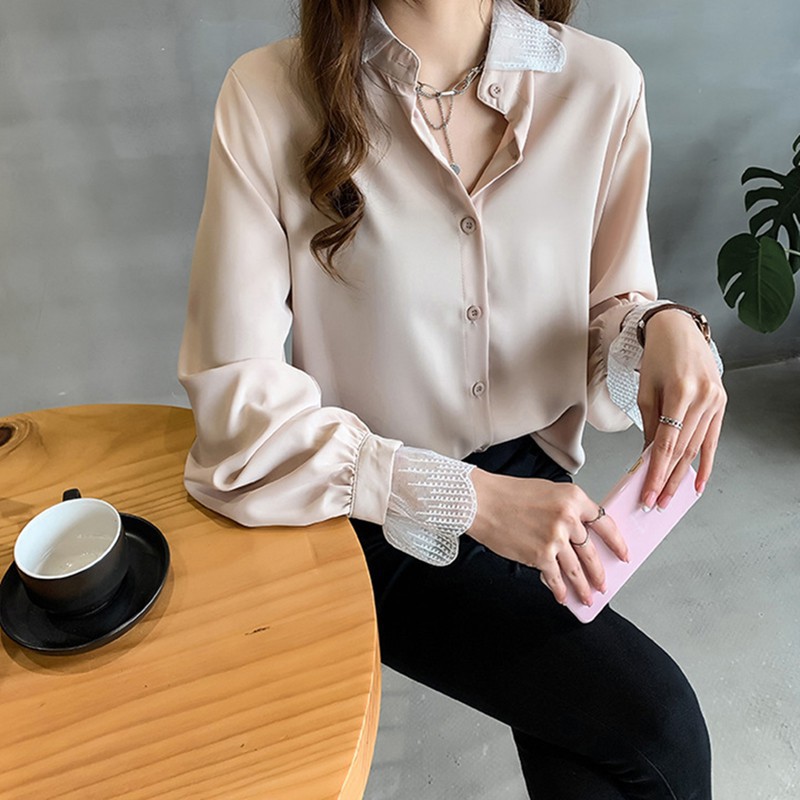 Áo Sơ Mi Chiffon Tay Dài Phối Ren Kiểu Hàn Quốc Thời Trang Mùa Thu Cho Nữ