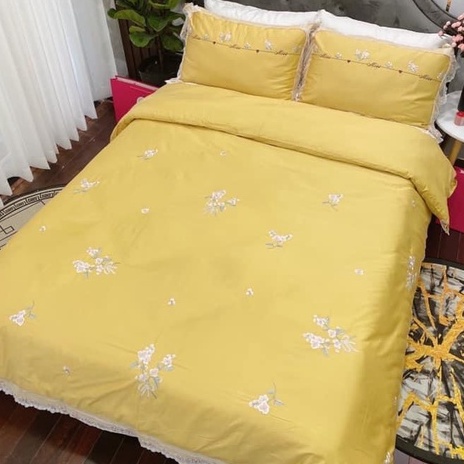 Set chăn ga gối cotton lụa thêu, Bộ 5 món ga gối mền cưới cao cấp màu vàng tặng vỏ gối ôm