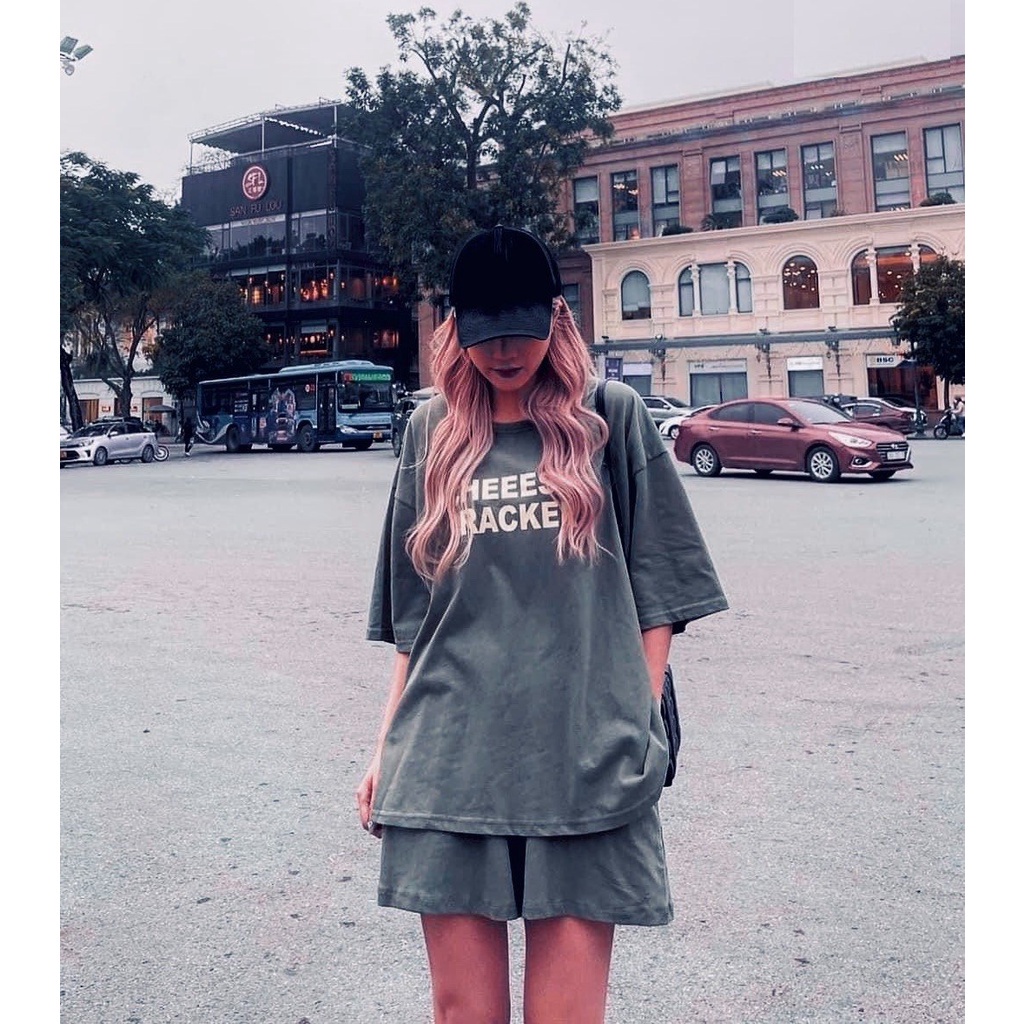 Bộ thun cộc tay cheese nữ - Set áo phông form rộng tay lỡ mix quần short suông trơn, HOT TREND