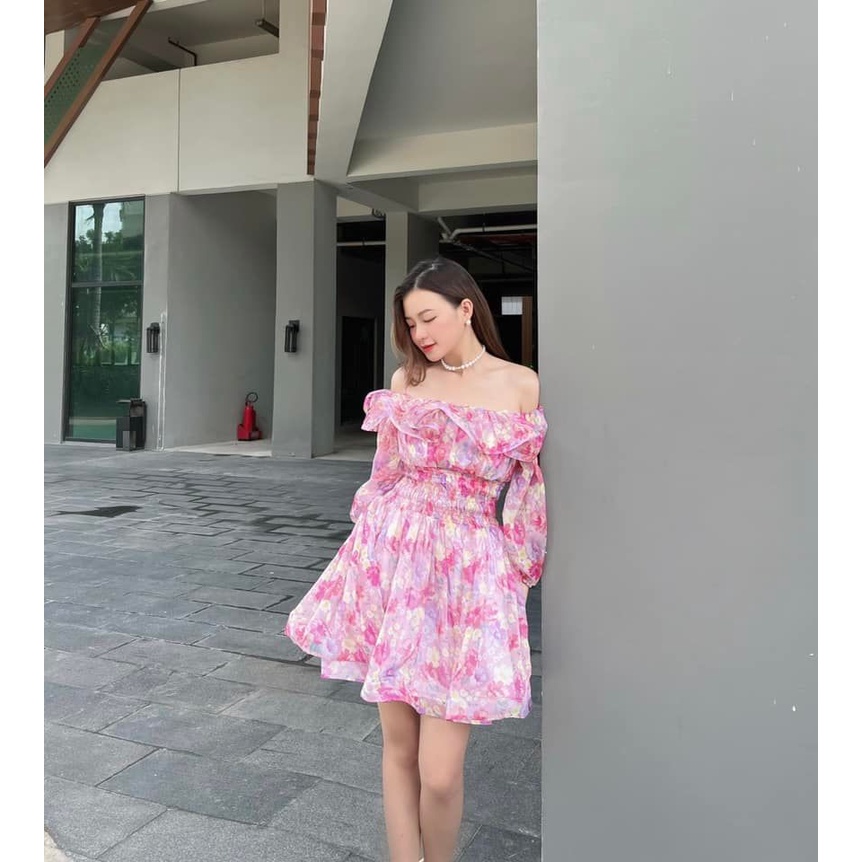 [HÀNG THIẾT KẾ CAO CẤP] Đầm Hoa Xòe Trễ Vai Chất Voan Tơ Đi Biển / Du Lịch / ĐI Tiệc Dễ Thương Form Ngắn Màu Hồng