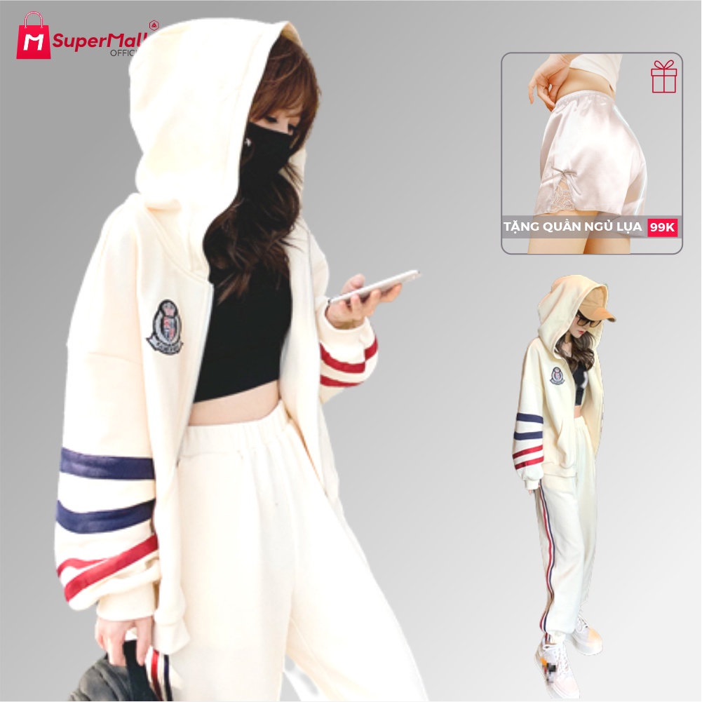 Bộ đồ thể thao nữ kiểu Hàn Quốc, áo khoác thun cotton, có mũ trùm đầu, sọc xanh, đỏ, quần bo chun - BTT001