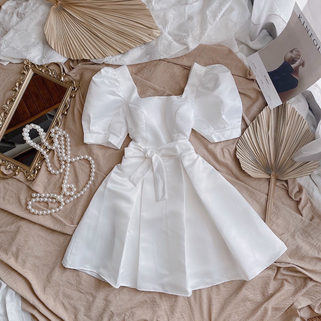 Váy đầm trắng midi dự tiệc tay phồng thắt nơ phong cách hàn quốc XUKA-DRESS MT044 chất TAFFTA xinh đẹp