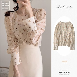 (ORDER) Áo sơ mi MORAN vải voan dài tay hoa nhí phối viền sọc ngang kiểu Pháp vintage nhẹ nhàng