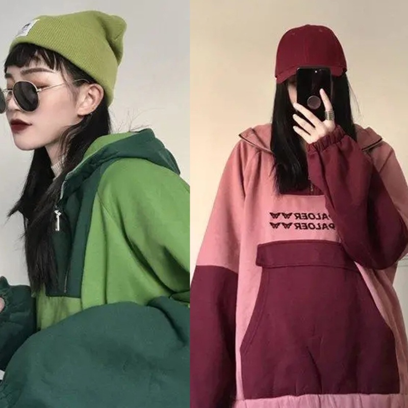Áo Hoodie Mùa Đông Dáng Rộng Có Khóa Kéo 1 / 4 &quot;In Họa Tiết Hoạt Hình Phong Cách Harajuku Cho Nữ