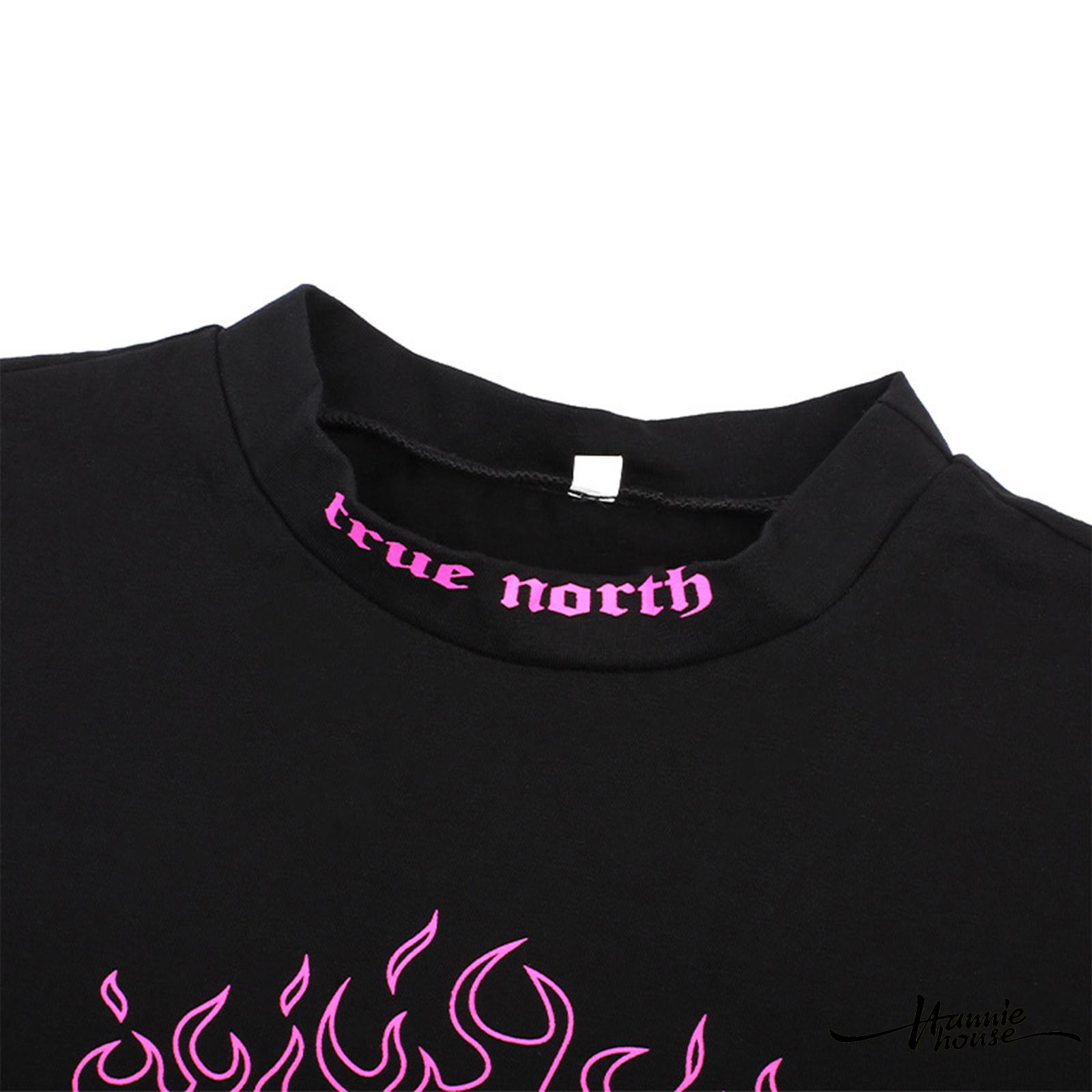 ❥Only➢Women’s Casual Long-sleeved T-shirt Fashion Flame Letter Print Ring Slim Fit Exposed Navel Top | BigBuy360 - bigbuy360.vn