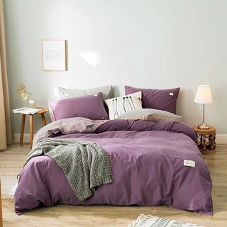 Bộ chăn ga gối cotton tici tím phối be