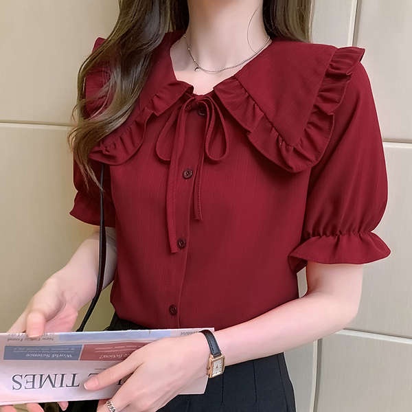 Áo sơ mi nữ ngắn tay mỏng Cổ Búp Bê sang trọng Áo sơ mi voan đính nơ lá sen mẫu mới mùa hè 2021