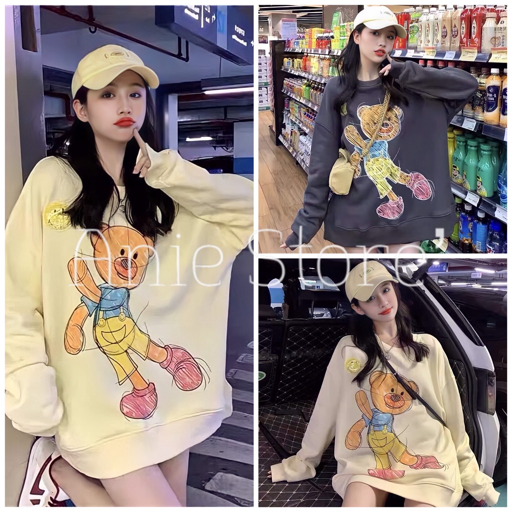 Áo Sweater Nỉ Nữ Hình Gấu In Màu 🦋 Áo Thun Nữ Cổ Tròn Dài Tay 2 Màu 🦋