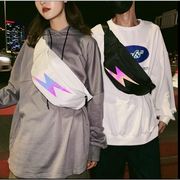[Túi đeo bao tử unisex phản quang tia sét phong cách hip hop thời trang ulzzang]