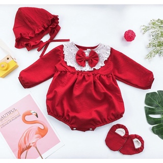 Váy body áo liền thân đỏ dài tay cho bé sơ sinh, tặng kèm mũ và giày vải - Váy thôi nôi, đầy tháng cho bé - LUMOS KIDS