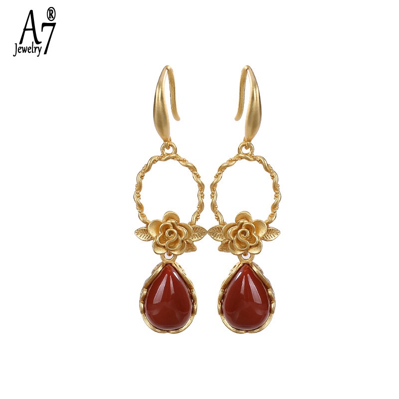 Khuyên Tai Hình Hoa Mẫu Đơn Đính Đá Mã Não Đỏ A7 S925 Phong Cách Vintage