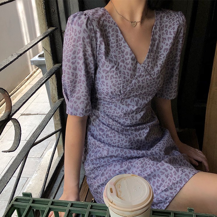 Xiaozhainv Đầm tay phồng ôm dáng in họa tiết da báo sành điệu cho nữ | BigBuy360 - bigbuy360.vn