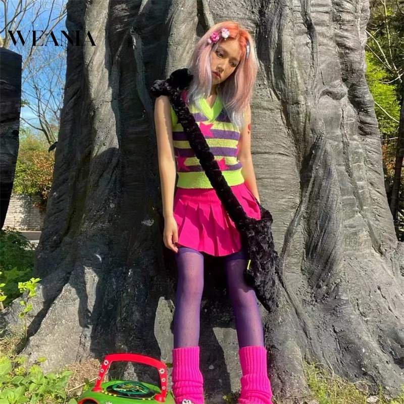 Áo Tank Top Dệt Kim Cổ Chữ V Họa Tiết Kẻ Sọc / Ngôi Sao Nhiều Màu