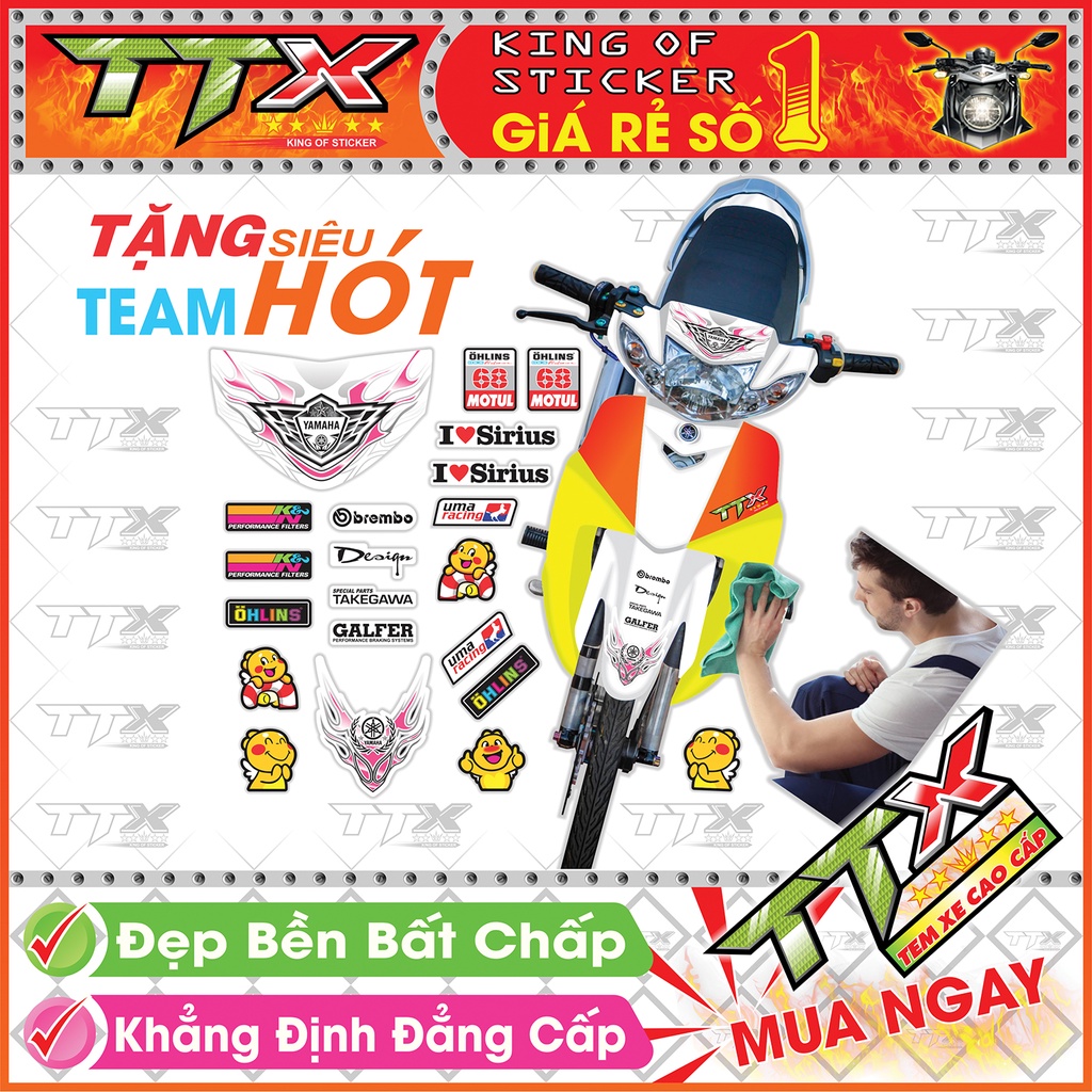 Tem Xe Sirius Trắng Hồng Lửa Siêu Đẹp - Tem Sirius Lửa Hồng Trắng Hót - Mẫu Team Sirius Trắng Hồng