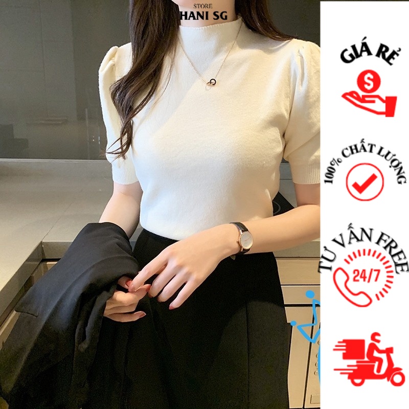 (HCM)Áo Len Nữ Cổ 3cm NGẮN Tay Bồng HANị đẹp  Len Mềm Mịn Phù Hợp Mặc Mùa Thu đông Nhiều Màu Sắc Từ 40-55kg CC