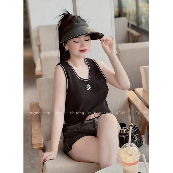 Áo len lưới sát nách dáng len tanktop đính hoa đá cổ phối viền xinh