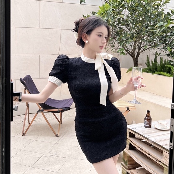 Đầm Đen Tay Ngắn Cổ Tròn Nhấn Eo Phong Cách Pháp Thời Trang Mùa Hè Quyến Rũ Cho Nữ