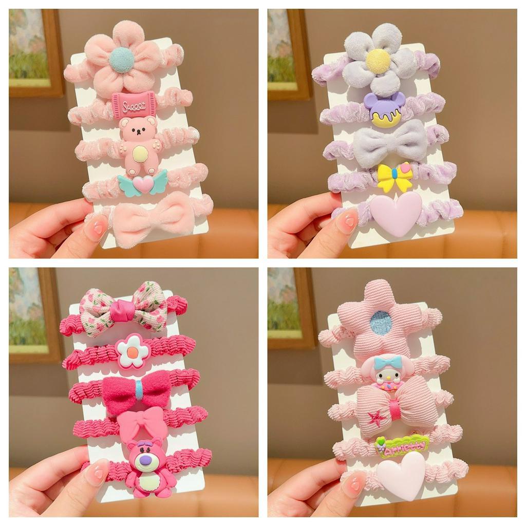 Set 5 Dây Buộc Tóc Đính Trang Trí Hoa / Lông Nhân Tạo Dễ Thương Dành Cho Bé Gái