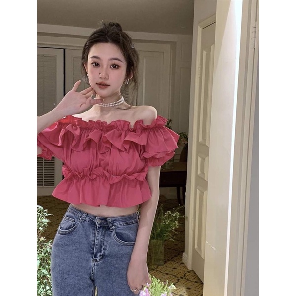 Áo trễ vai dáng croptop nhún bèo màu trắng, hồng