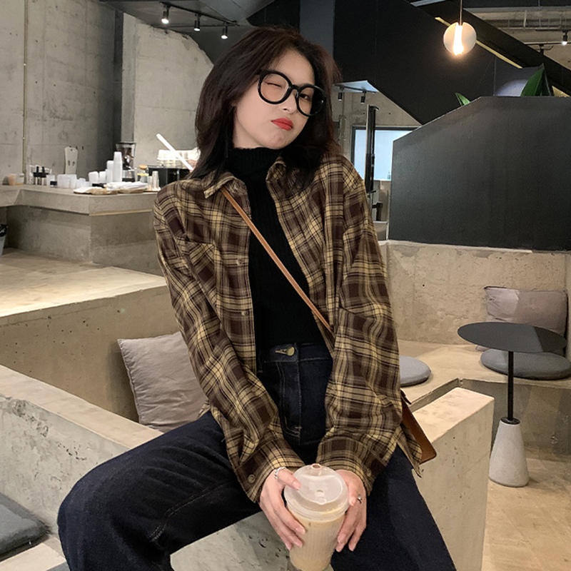 SUXI Áo Sơ Mi Caro Dài Tay Phong Cách Vintage Cho Nữ