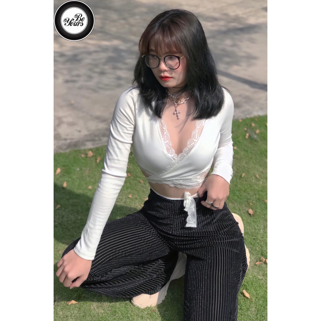 Áo Croptop Dài Tay Cột Dây Quanh Eo Bigsize Dưới 80Kg Viền Ren Chất Thun Cotton "REN"