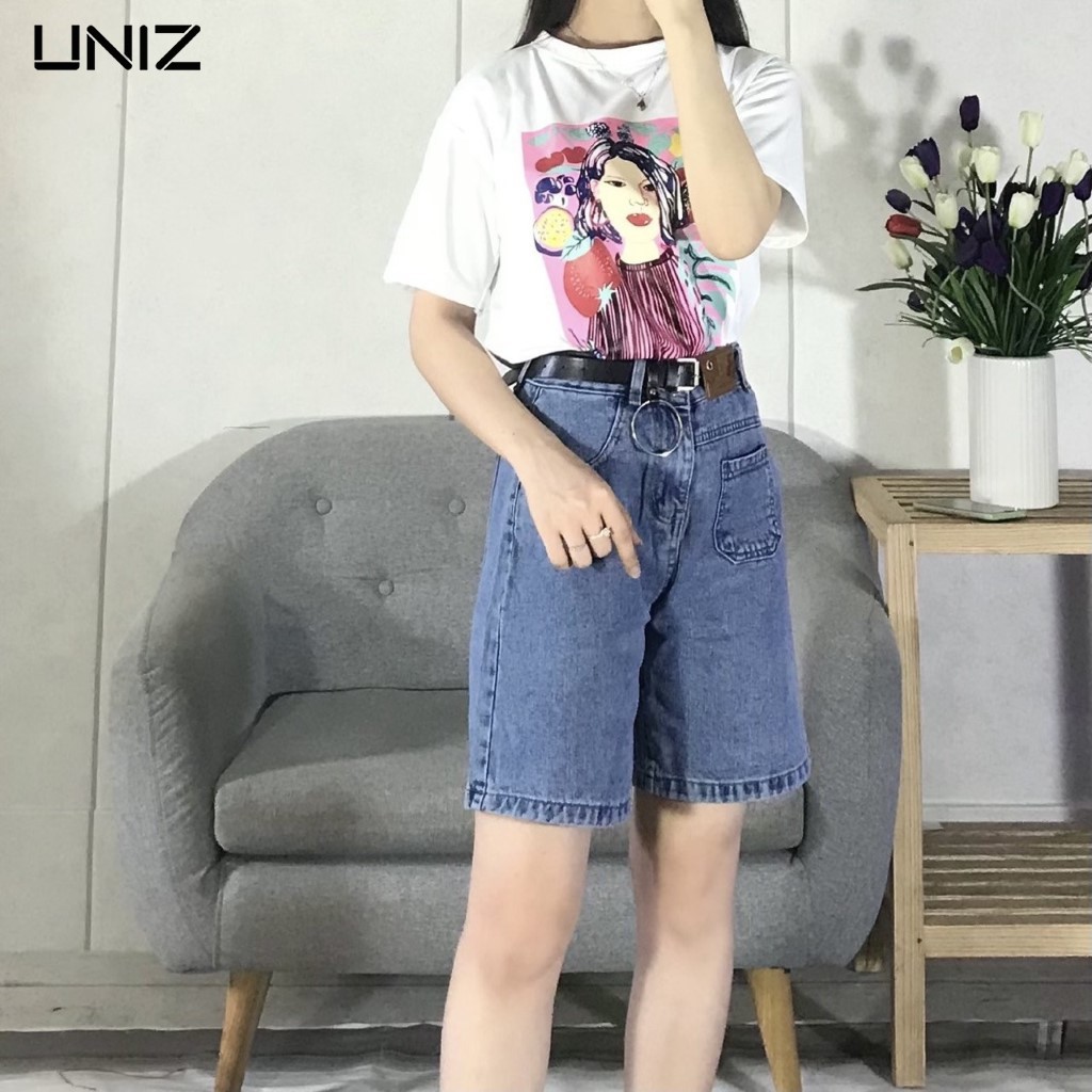 Quần Short Túi Trước UNIZ Q9015 (Màu Xanh), Ulzzang, Dáng Lửng, Ống Rộng Suông, Cạp Cao, Túi Trước, Chất Jean Mềm Mại