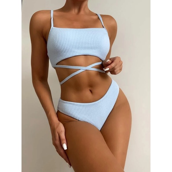 Bộ Bikini Màu Trơn Đan Dây Chéo Quyến Rũ Cho Nữ