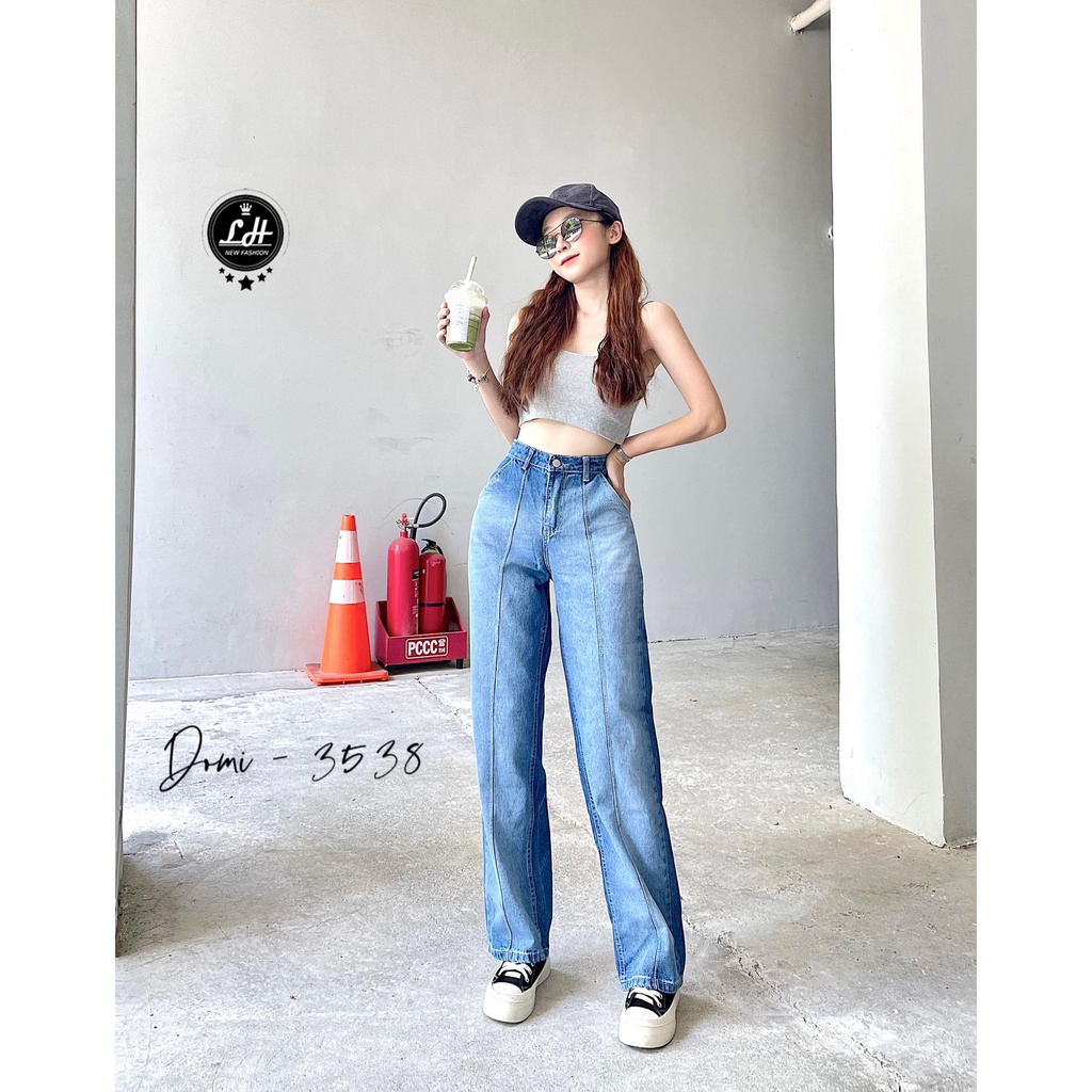 Quần jean nữ ống rộng, quần bò lưng cao 2 màu kiểu xếp ly ống mặc tôn dáng cho các nàng Lê Huy Fashion MS 3538