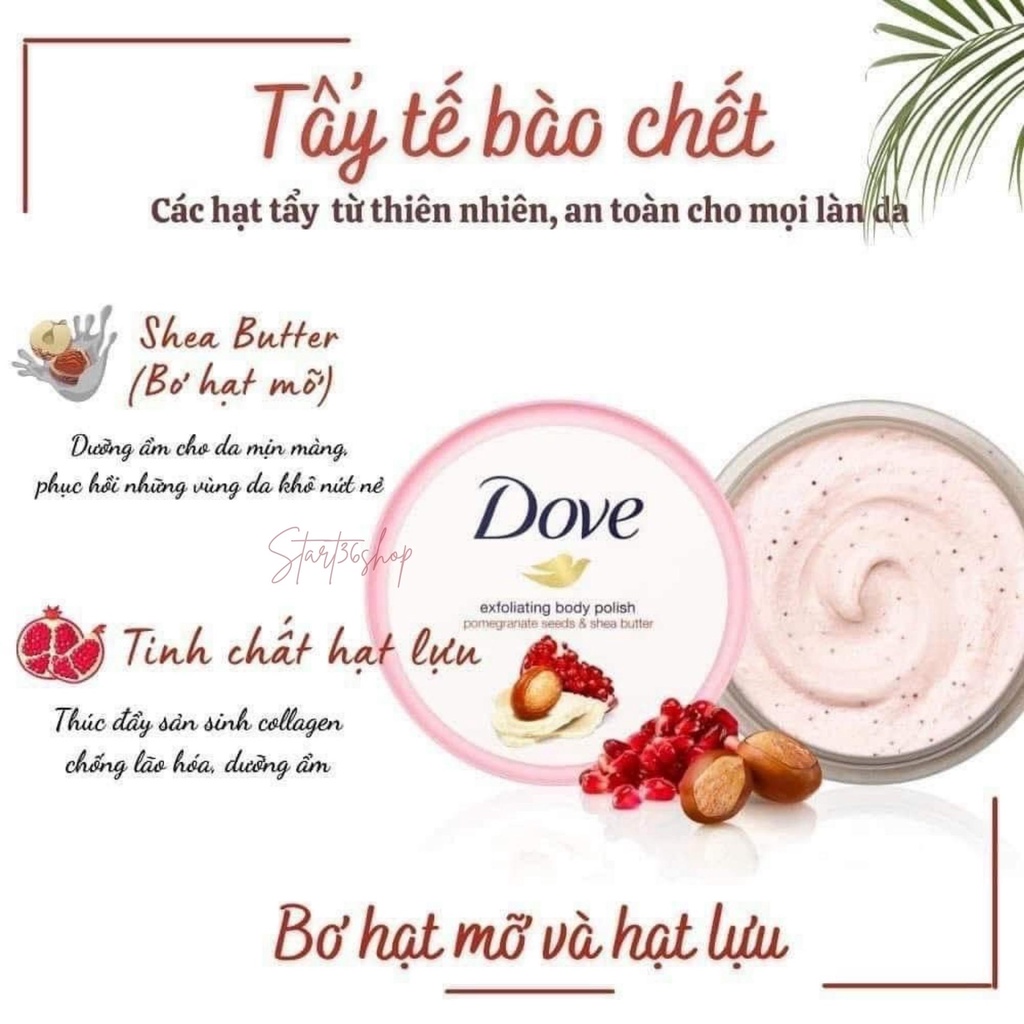 Tẩy tế bào chết body Start36 tẩy da chết Dove da body trắng sáng, mịn màng, giảm mụn, bản Đức 225ml