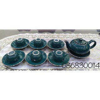 Bộ ấm trà xanh cổ vịt vẽ vàng