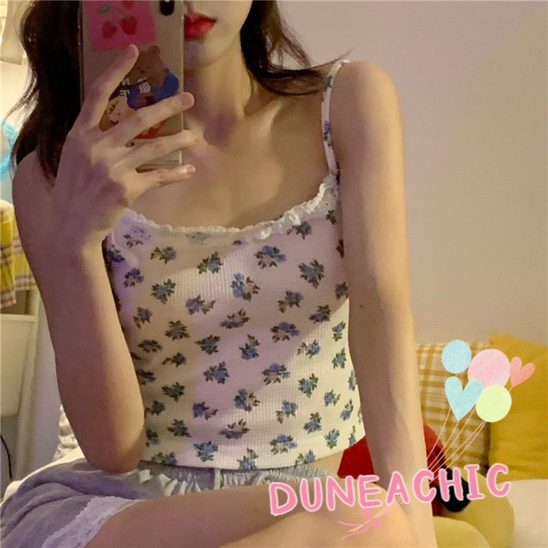 DUNEA Áo hai dây/ Áo croptop tay phồng họa tiết hoa cổ vuông thời trang sành điệu dành cho nữ