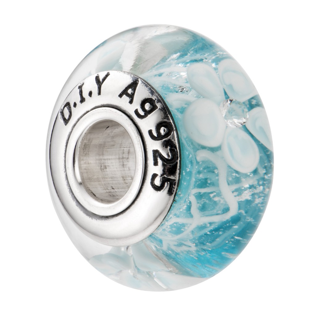 Hạt charm xỏ DIY PNJSilver hình dẹt tròn màu xanh hoa văn 0000K060169