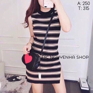 Đầm body len sọc kẻ sẻ tà qc