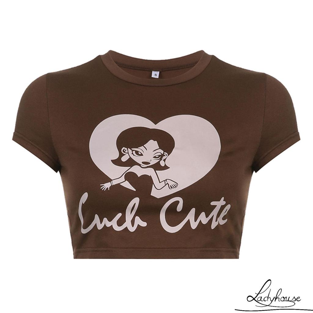 LD-Women Crop Shirt, Short Sleeve Round Neck Wrapped Elastic Tops Street Casual Party Cartoon Print Tops