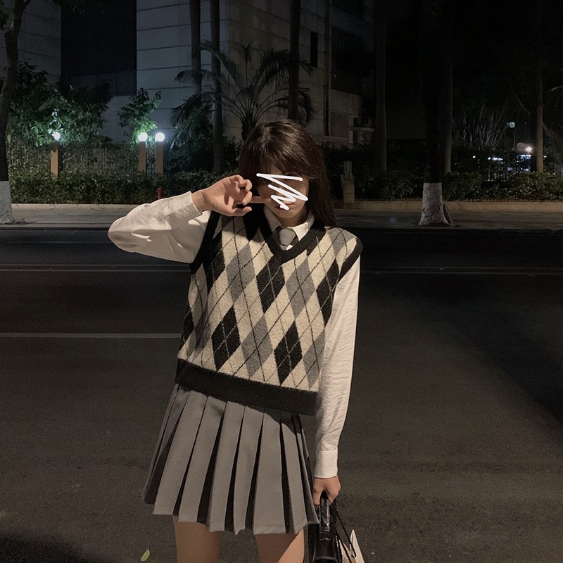 【ZHELIHANGFEI】Áo Len Không Tay Form Rộng Họa Tiết Kim Cương Theo Phong Cách Preppy Dễ Phối Đồ