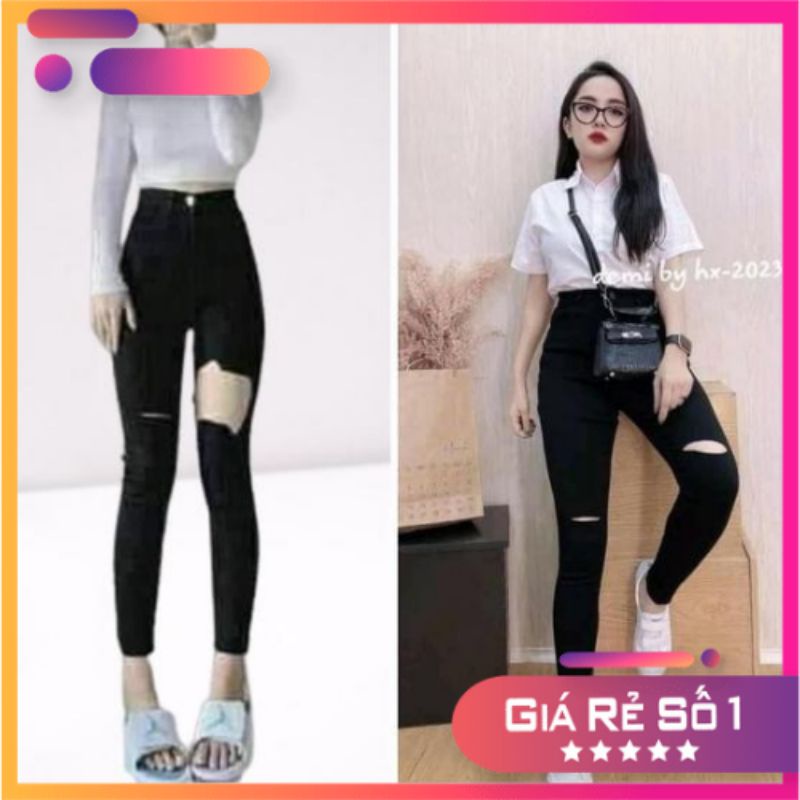 Quần jean nữ rách, quần bò nữ lưng cao dáng ôm màu đen rách 2 gối chất vải jean mịn dày dặn co giãn [ FREESHIP ]