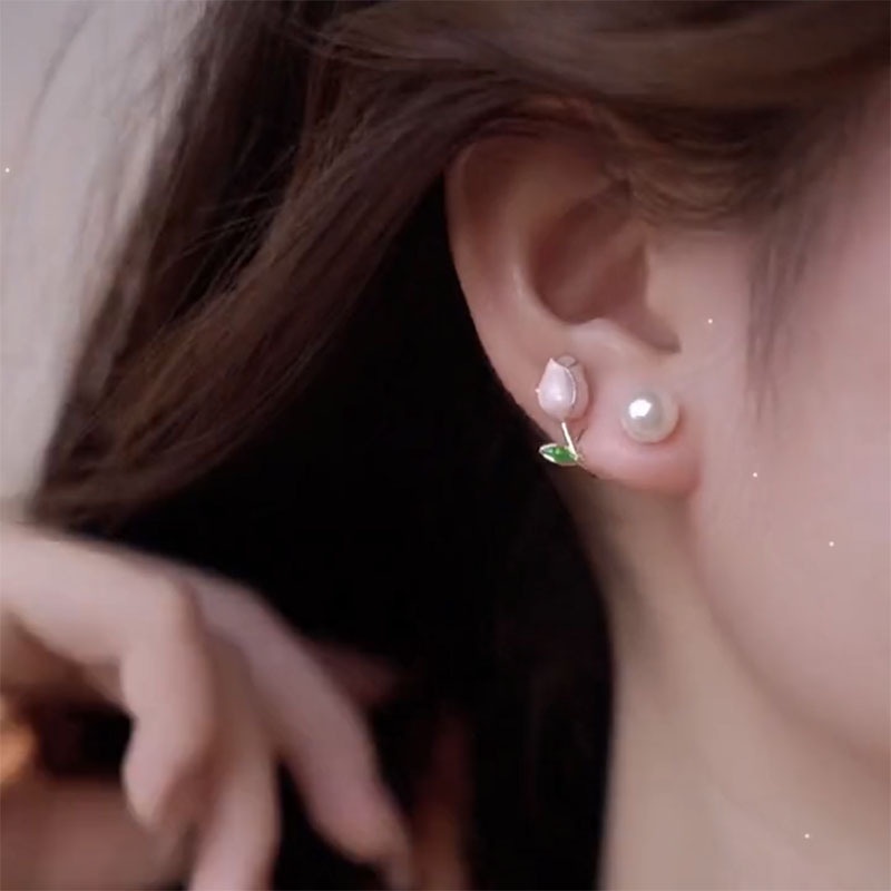 Bông Tai Mạ Bạc 925 Hình Hoa Tulip Đính Ngọc Trai Nhân Tạo Thời Trang