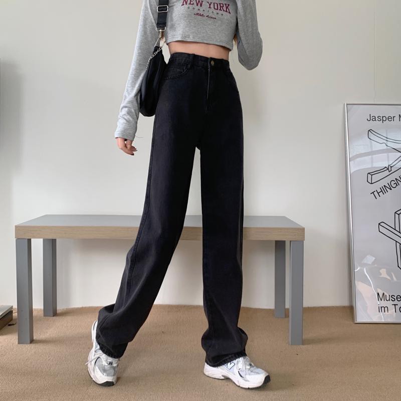LEEVA - Quần jeans đen dài nữ ống rộng cạp cao cá tính Q024